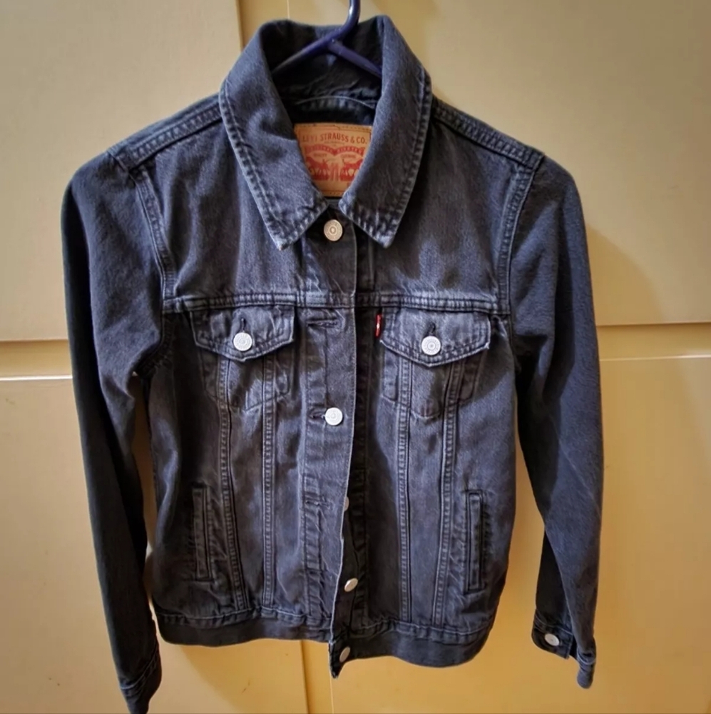 Levi Strauss & Co Womens XS BLACK Denim Jean Trucker Jacket Chest Pockets Levis